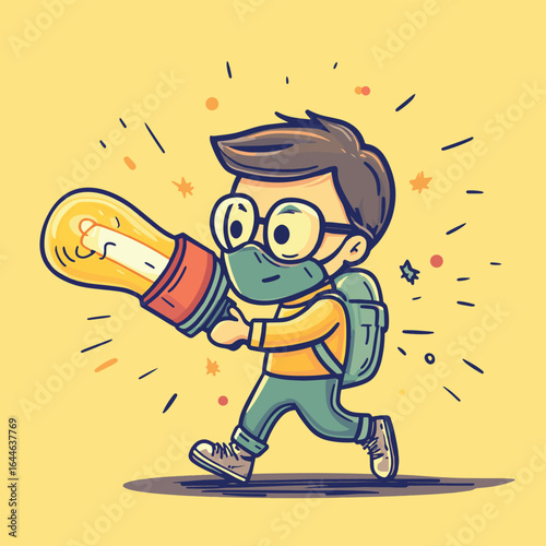 Cartoon Man with mask, escaping Virus with a Light Bulb Rocket, vector style simple color