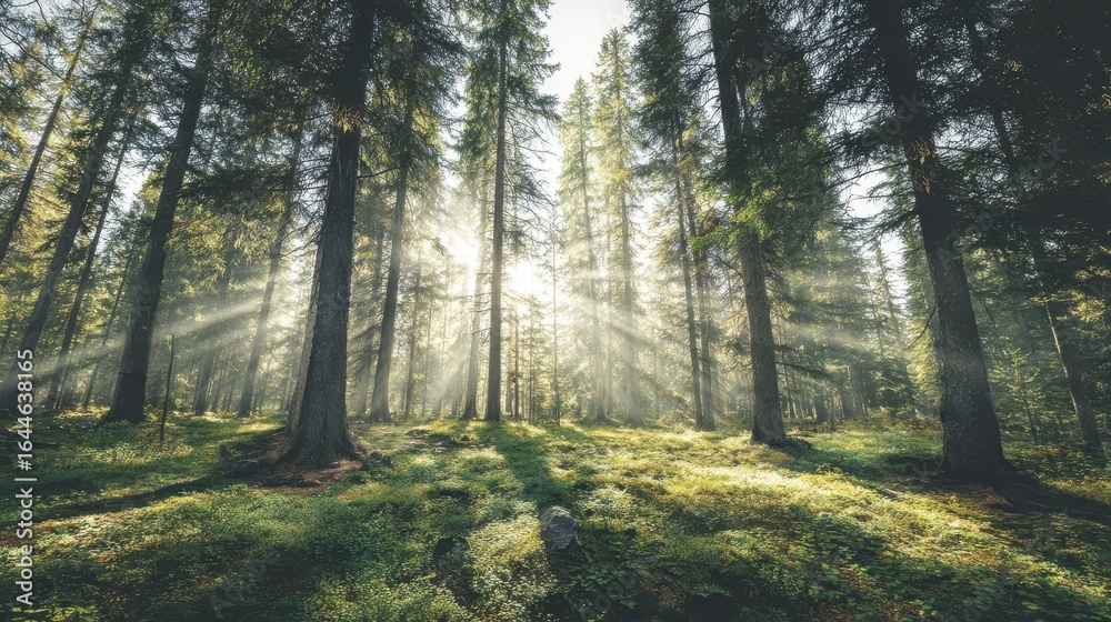 Fototapeta premium Sunlight streams through a dense forest.