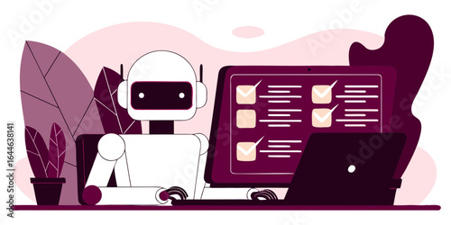 A minimalist digital illustration of a robotic figure working at a desk with checklists and a laptop, surrounded by plants.