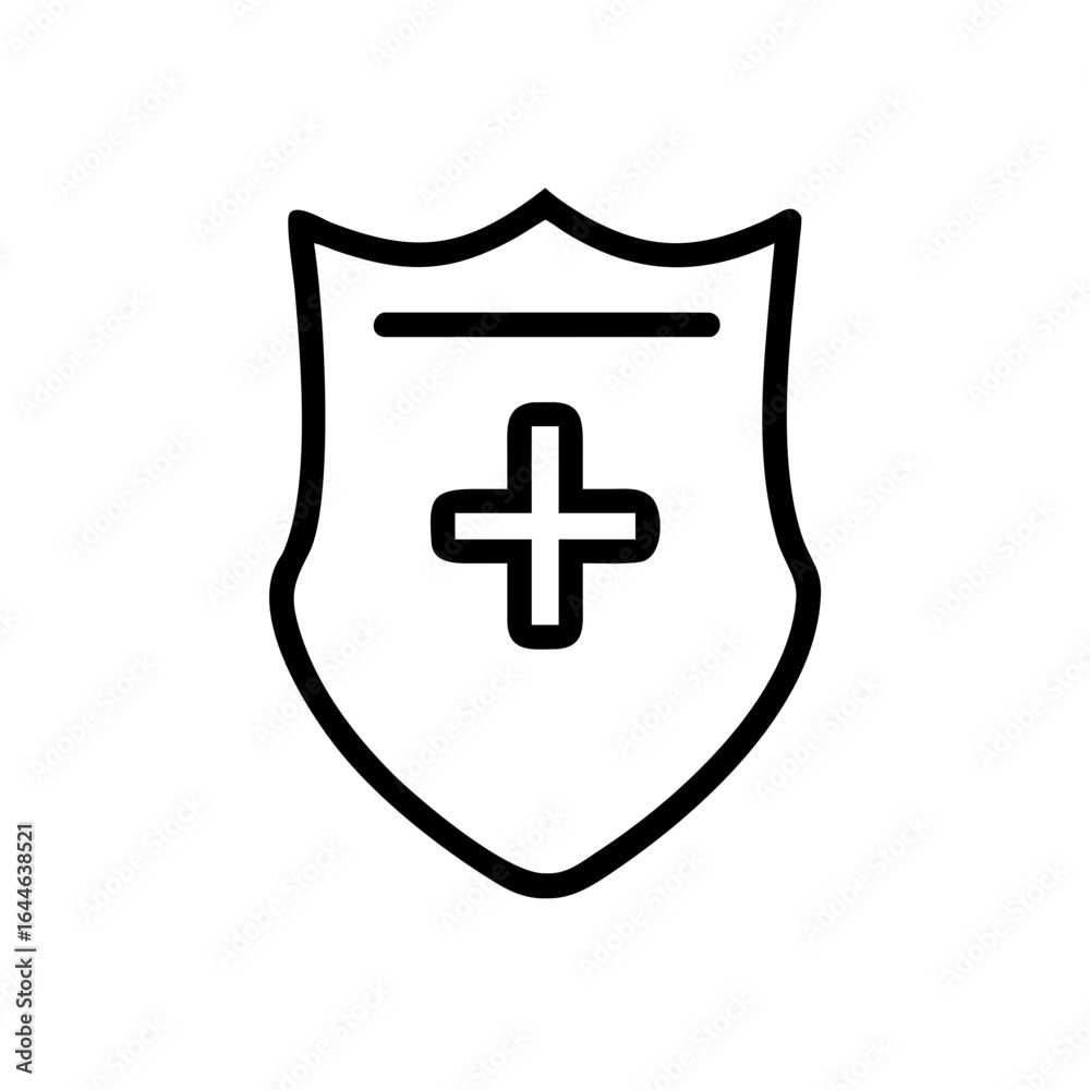 Fototapeta premium A simple outline of a shield with a medical cross in the center, symbolizing healthcare protection and safety.