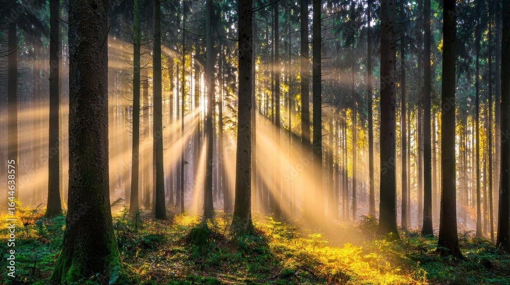 Obraz premium Sunlight streams through a misty forest.