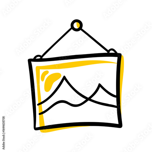A doodle-style icon of a framed picture with mountains and a sun, suitable for websites and blogs about art galleries, photography, or home decor.

