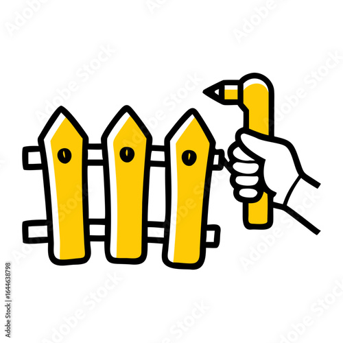 A doodle-style icon shows a hand holding a tool to fix a fence, suitable for websites and blogs about home repair, maintenance, or DIY projects.

