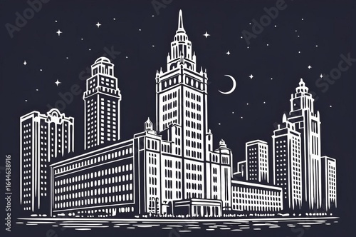 Night City Skyline Illustration with Skyscrapers and Crescent Moon.