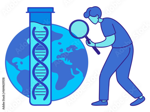 Illustration of a scientist examining a DNA strand and globe with a magnifying glass, evoking curiosity and exploration.
