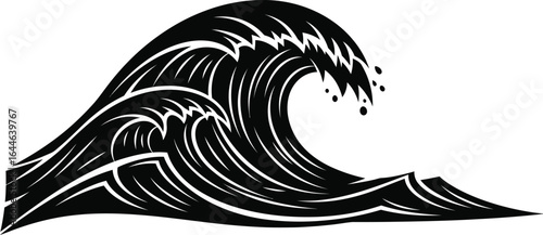 Dramatic black illustration of a powerful ocean wave, conveying energy and motion, with a vintage and decorative style