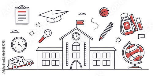 Illustration of a school building surrounded by various educational symbols including a globe, writing instrument, and magnifying glass.