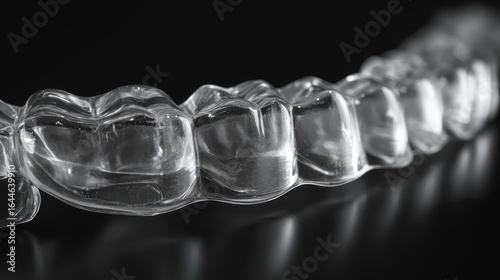 53.Ultra-close-up of crystal-clear orthodontic aligners placed on a polished black background, with subtle lighting emphasizing their structure and curved edges.