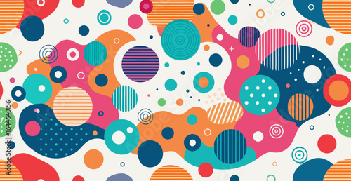 Vibrant abstract composition featuring colorful circles and geometric shapes in various sizes and patterns.