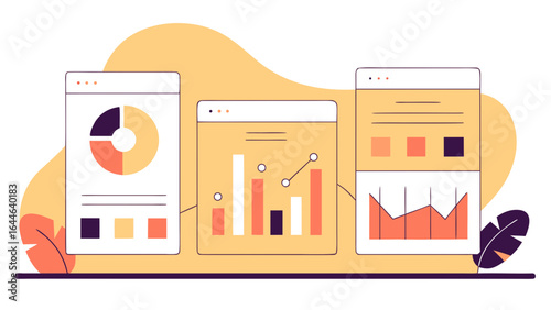 Colorful data visualization illustrations depicting graphs and charts representing statistical information.