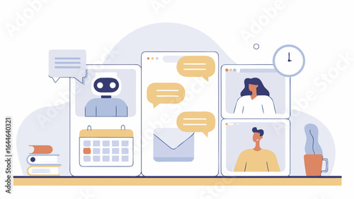 Illustration depicting digital communication with avatars and chat messages on a desktop interface