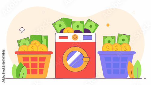 An illustration of a washing machine overflowing with cash and coins, depicting a humorous take on money-laundering concept.
