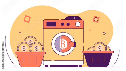 Colorful illustration of a washing machine symbolizing money laundering with dollar bills and baskets, showcasing a blend of financial themes.