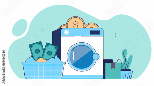 Illustration of a washing machine surrounded by money, laundry basket, and potted plant, creating a clean and organized atmosphere.