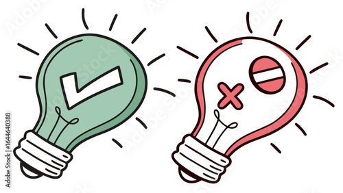 Illustration depicting two light bulbs, one green with a checkmark and the other red with a cross, symbolizing approval and disapproval.