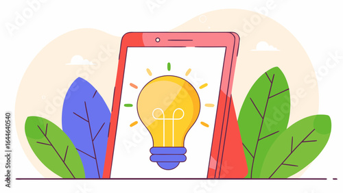 A tablet displaying a light bulb illustration surrounded by colorful leaves, symbolizing creativity and innovation.