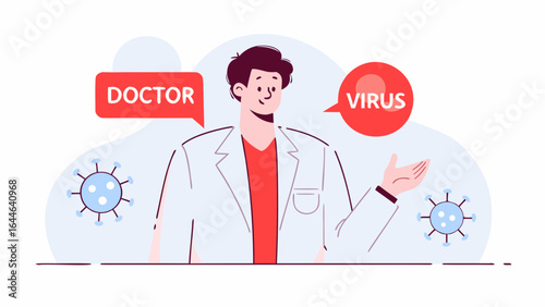 A cheerful medical professional explaining the concept of a virus with visual representations of viruses around them in a healthcare environment.