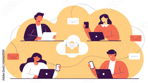 Illustration of diverse individuals engaged in digital communication while working remotely in a cloud environment.