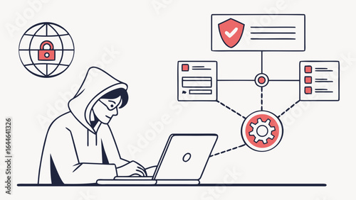 Illustration of a hooded figure working on a laptop surrounded by cybersecurity icons and diagrams.