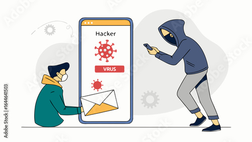 Illustration of two individuals using digital devices to interact with virus-related information, featuring themes of health and safety.