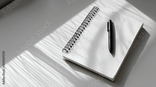 White minimalist desk with black pen and notebook, clean Scandinavian style home office space, soft shadows and simple composition.