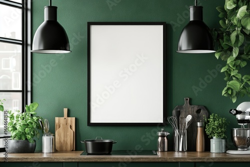 Blank framed print on dark green kitchen wall (1)