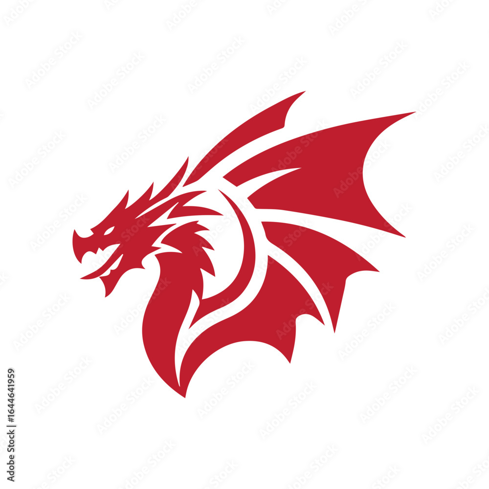 Fototapeta premium Red dragon head winged logo design. Winged dragon vector in red color.