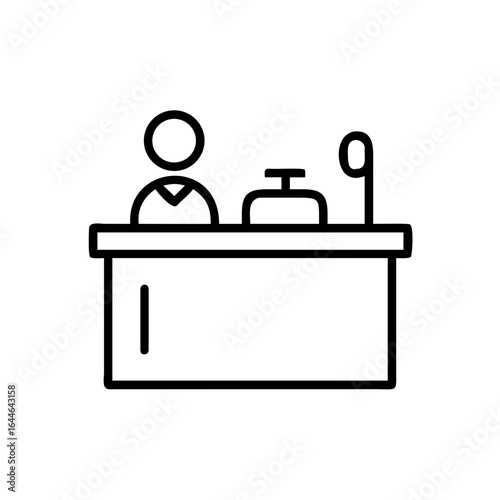 Simple line illustration of a cashier at a checkout counter with a payment device and a shopping bag