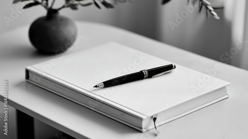 White minimalist desk with black pen and notebook, clean Scandinavian style home office space, soft shadows and simple composition.