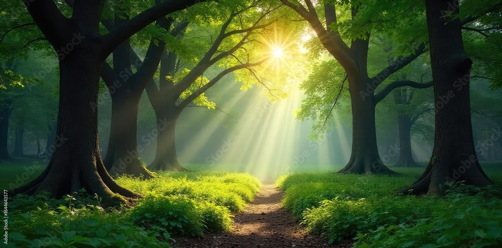 Fototapeta premium A serene, sun-dappled clearing in a forest, encircled by ancient trees, evokes a sense of peace and spiritual connection; a mystical, protected space , circle, ground