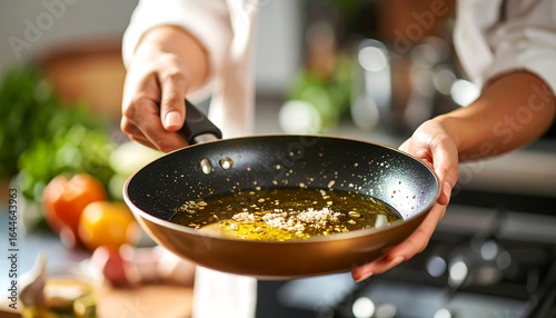 Close-up of hands holding a frying pan with oil and garlic