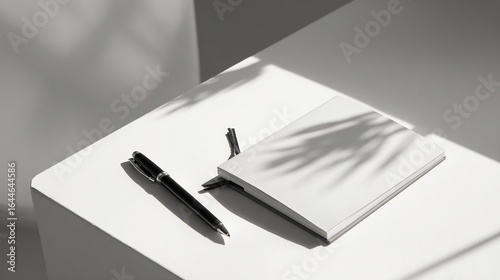 White minimalist desk with black pen and notebook, clean Scandinavian style home office space, soft shadows and simple composition.