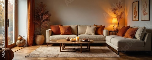 Cozy living room decorated with warm-toned throw pillows, candles, and a stylish rug, creating a relaxed and inviting atmosphere Perfect for autumn or winter , couch, home accessories