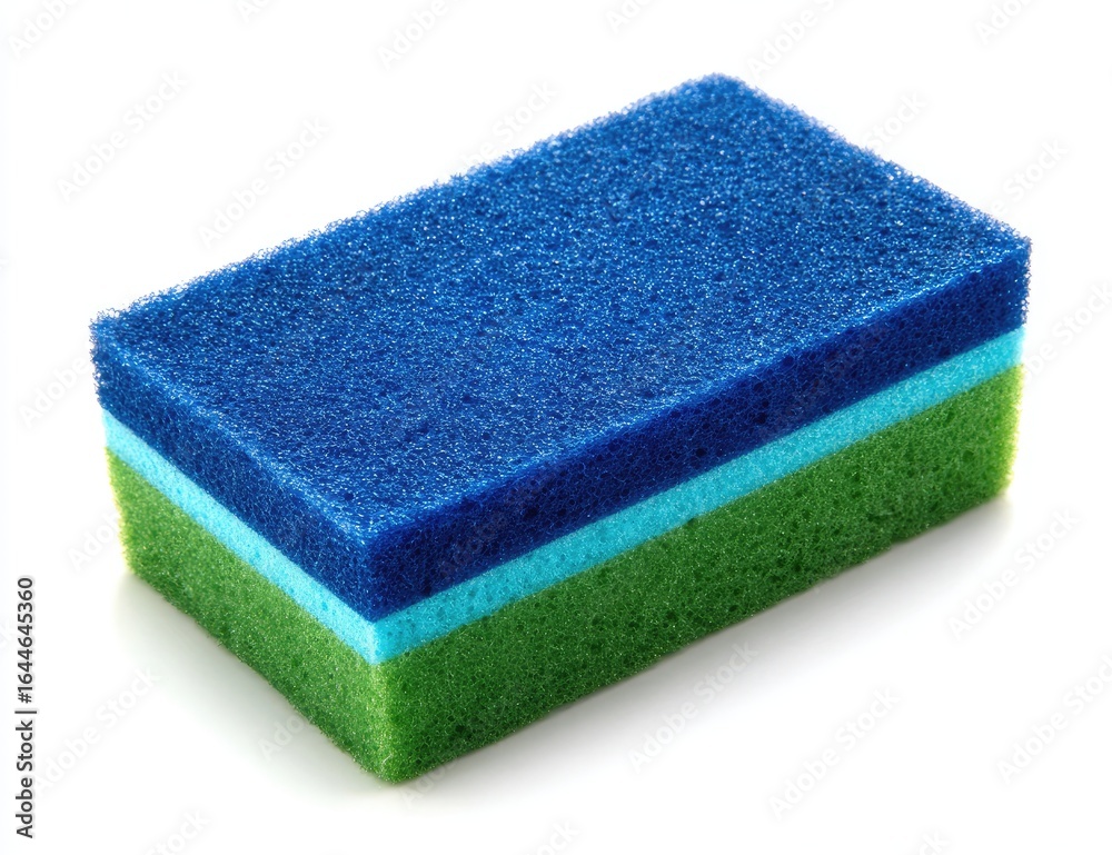 Multicolored cleaning sponge, three layers of blue, teal, and green foam Multicolored cleaning sponge, three layers of blue, teal, and green foam