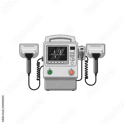 A medical defibrillator device, showing its components and display.