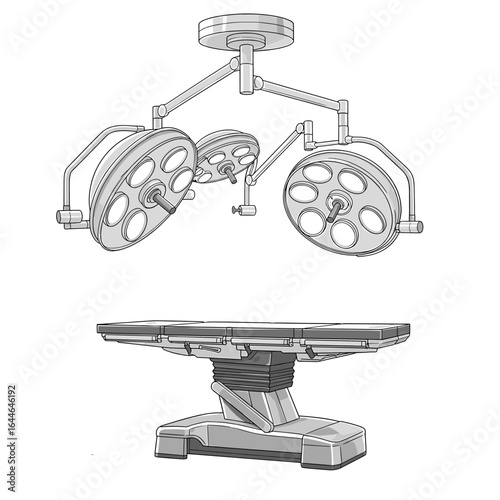 Surgical lighting and operating table, medical equipment illustration.
