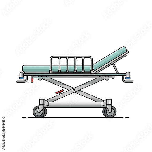 A medical stretcher, ready for patient transport, features a teal mattress and adjustable height.