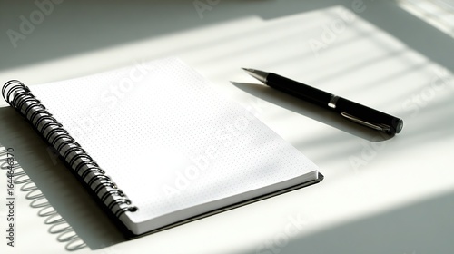 White minimalist desk with black pen and notebook, clean Scandinavian style home office space, soft shadows and simple composition.