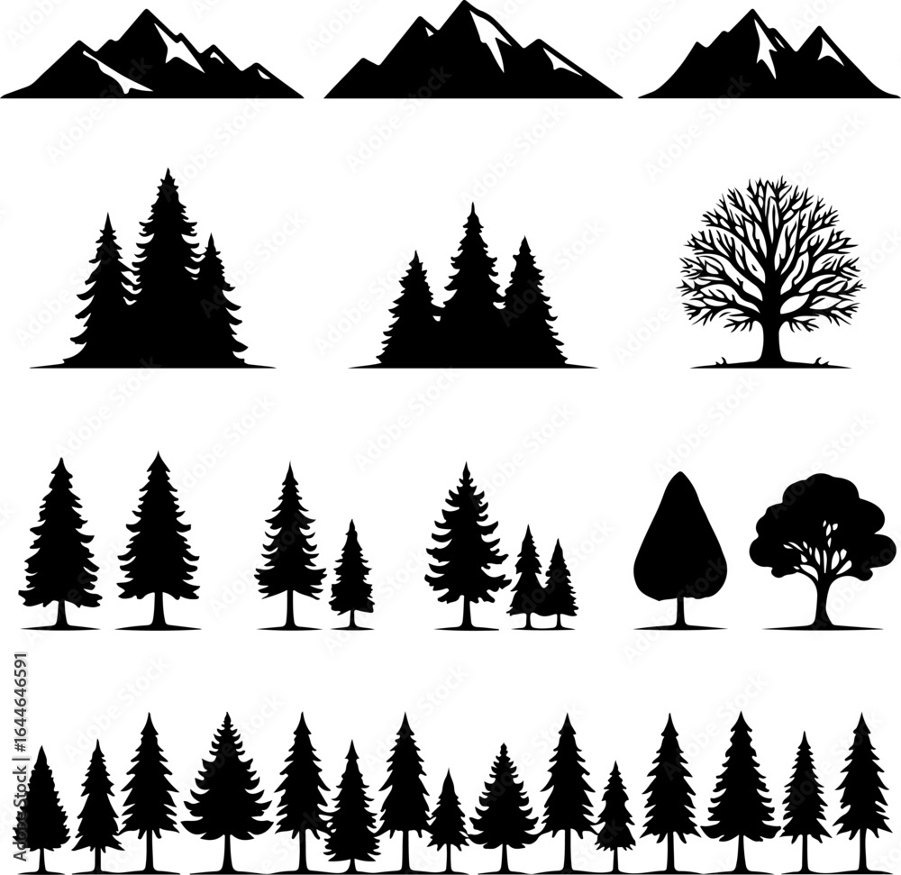 Obraz premium Nature Landscape Silhouette SVG Bundle | Mountains Trees Forest Vector Set