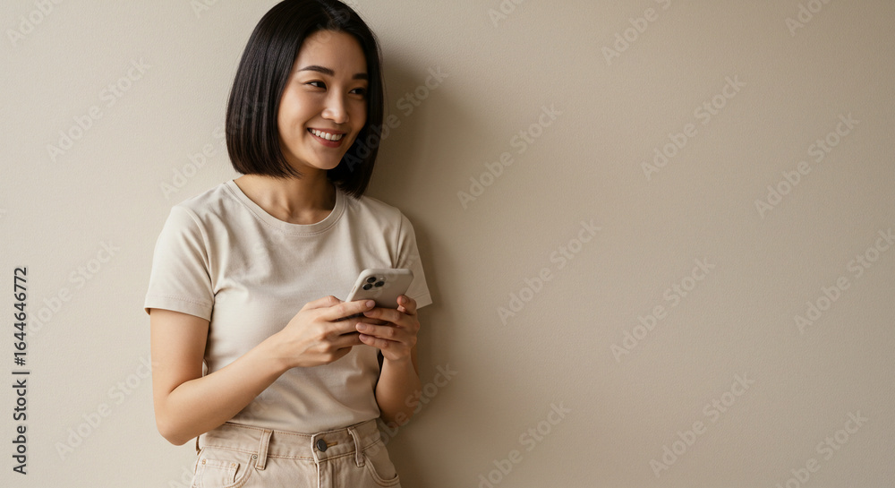''A cheerful young woman with short black hair, wearing a beige t-shirt and light pants, leans against a neutral wall while smi... ''A cheerful young woman with short black hair, wearing a beige t-shirt and light pants, leans against a neutral wall while smi...