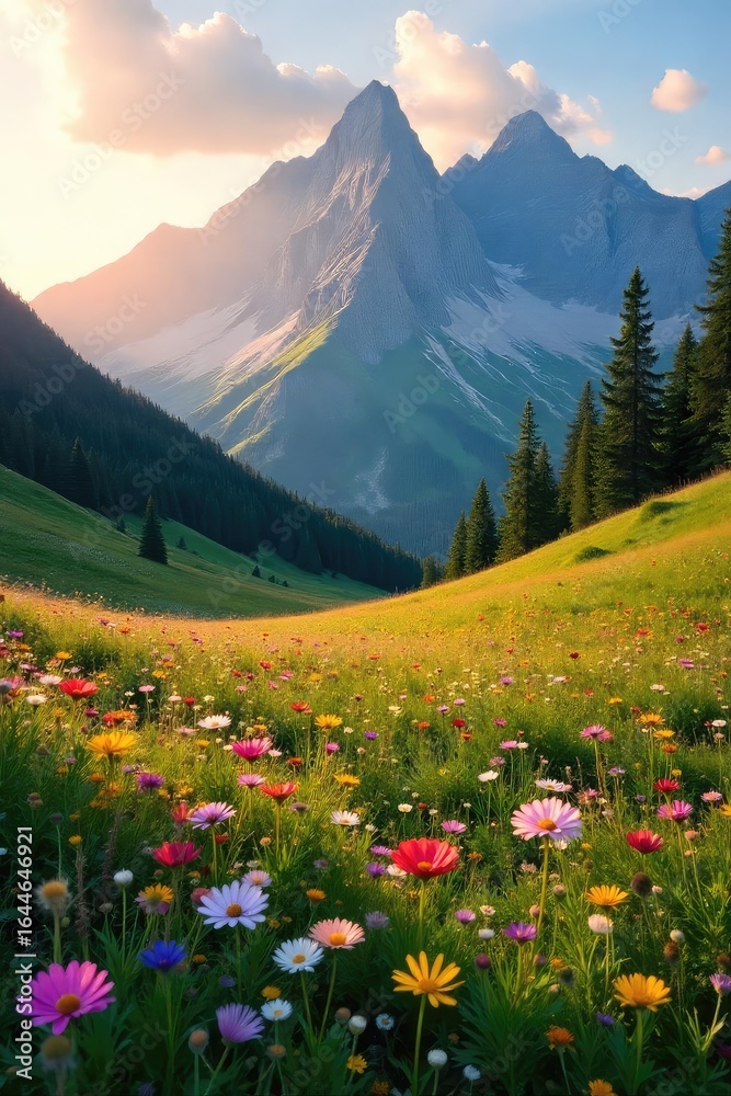 Fototapeta premium Serene meadow nestled in the embrace of majestic mountains, bathed in the golden light of sunrise Wildflowers bloom, creating a vibrant tapestry against the rugged peaks , light, sunrise