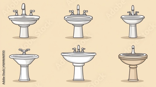 Variety of Bathroom Sinks Styles in Cartoon Illustration for Sanitary Solutions
