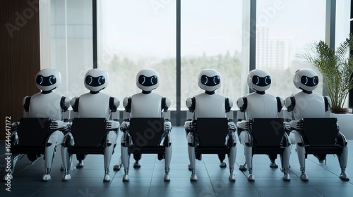 Futuristic workforce: Array of humanoid robots in modern office waiting area