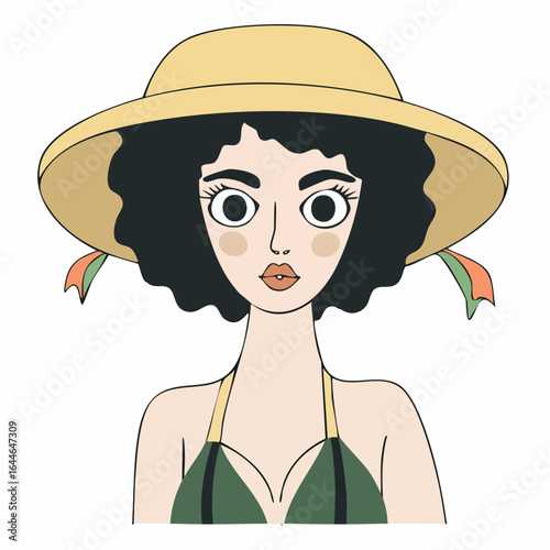 playful cartoon woman with big hazel eyes, full fuchsia lips, curly black bob, army green bikini top, wide-brim straw hat with rainbow ribbon trim svg vector illustration

