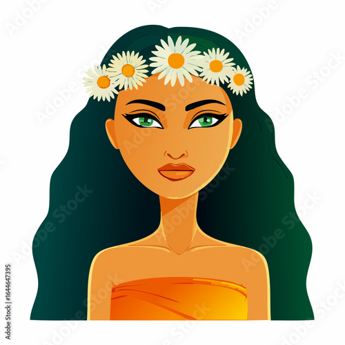 serene cartoon woman with big olive-green eyes, rose lips, long chestnut hair, daisy crown, patchwork maxi dress, and fringe sandals svg vector illustration
