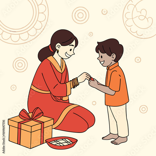 Joyful Raksha Bandhan Celebration Indian Woman and Boy Smiling While Sharing the Tradition of Tying Rakhi with Festive Decorations