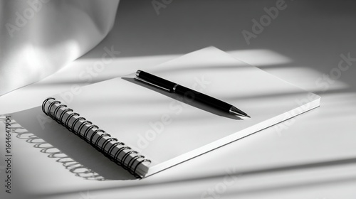 White minimalist desk with black pen and notebook, clean Scandinavian style home office space, soft shadows and simple composition.