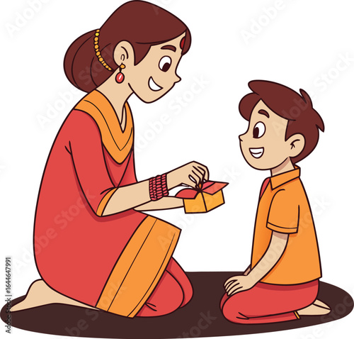 Raksha Bandhan Celebration: Young Indian Woman Tying Rakhi Bracelet on Boy's Wrist in Traditional Clothing with Sweets and Gifts