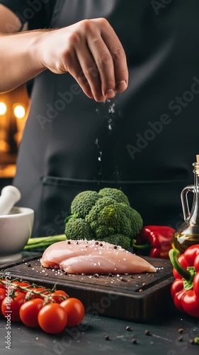 Raw chicken breast, sea salt, broccoli, cherry tomato, red bell pepper, olive oil, and chef hand preparing healthy meal kitchen table with fresh vegetables, seasoning meat, and vibrant cooking