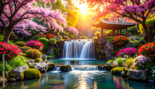 Fototapeta Naklejka Na Ścianę i Meble -  Blossoming garden waterfall